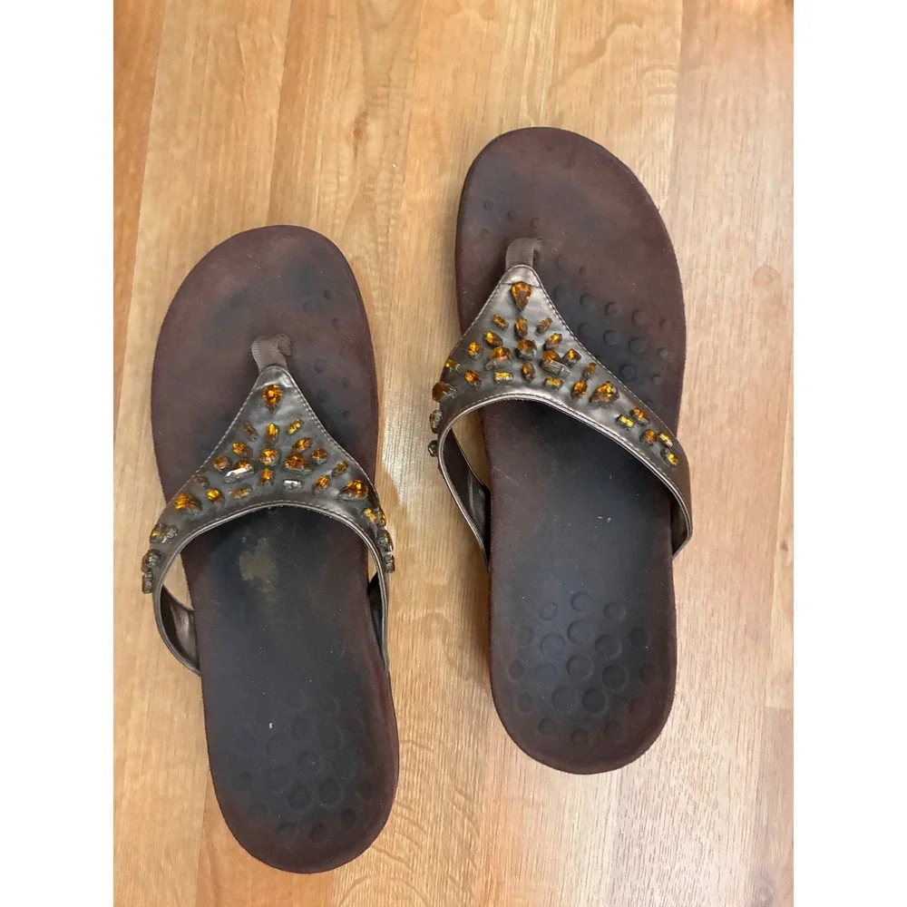 Vionic Bronze Metallic Amber Crystal Embellished Orthotic Flip Flop Sandals